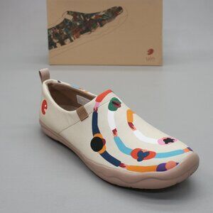 UIN Ladies 9.5 Love Circle Tan Multi color Canvas Slip-on Shoes Loafers W1010029